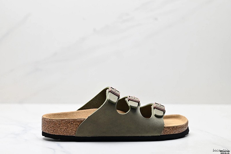 Birkenstock Three-Buckle Casual Army Green Cork Slide Sandals