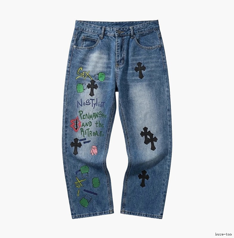 Chrome Hearts graffiti-style blue jeans