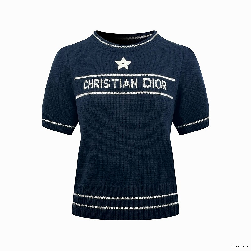 Dior Short Sleeve Knit Sweater with Cream Trim and Star Detail