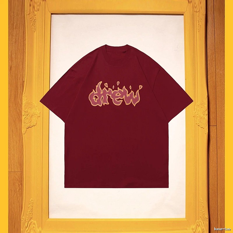 DREW Flame Heart Street Style Burgundy Short Sleeve T-Shirt