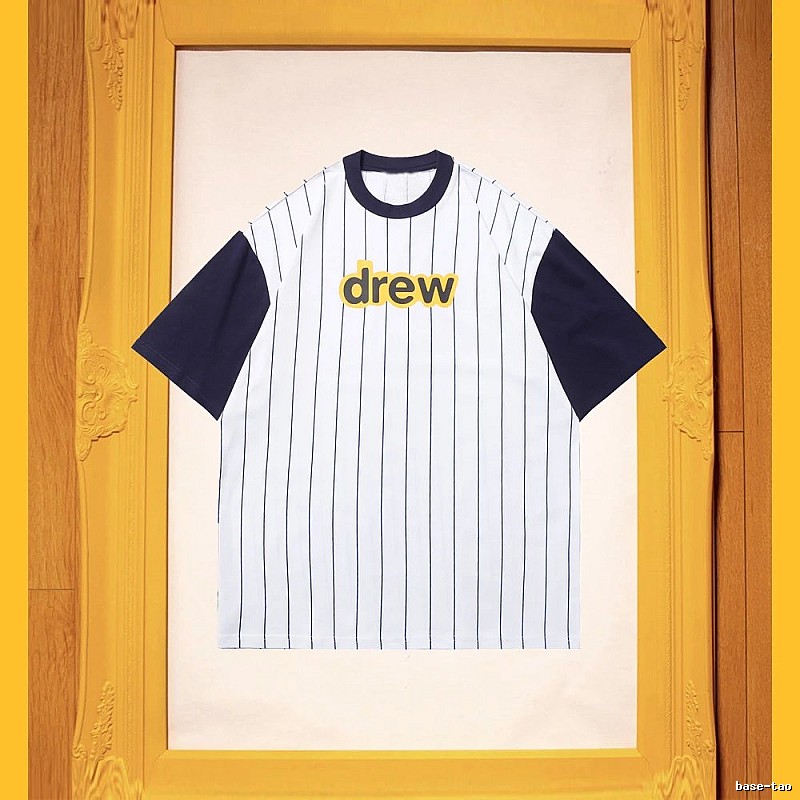 DREW Letter Print Street Style White and Navy Blue Short Sleeve T-Shirt