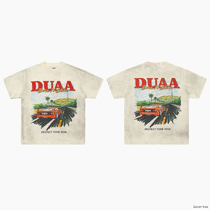 DUAA Sports Car Print American Retro Off-white Short Sleeve T-Shirt