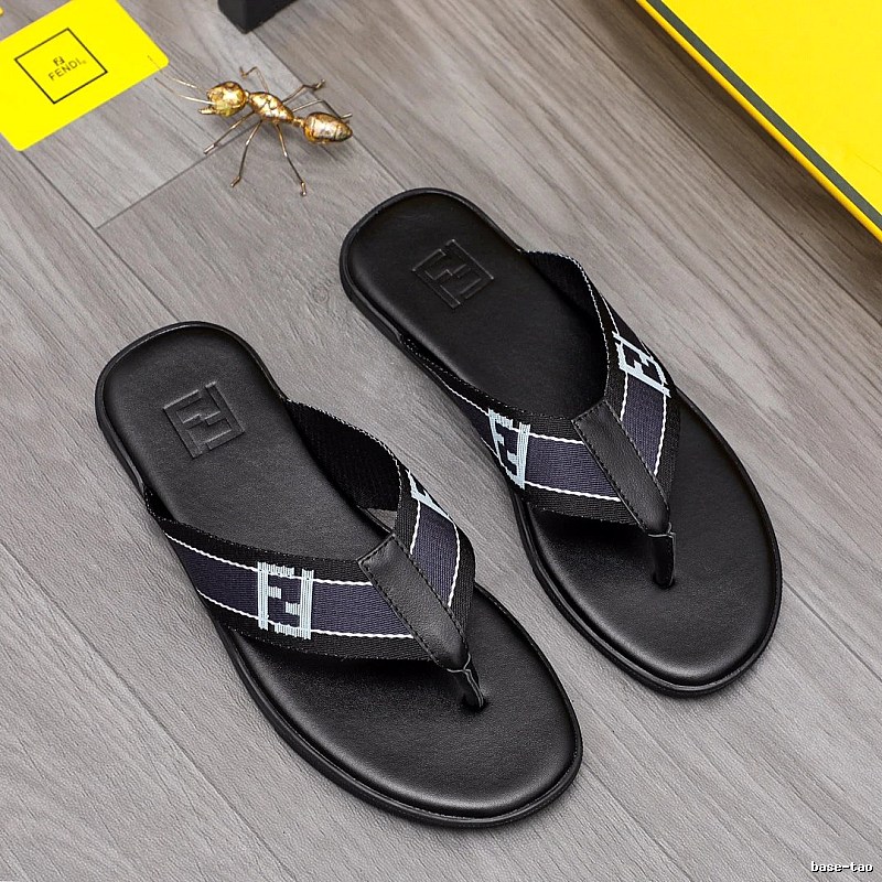 Fendi FF Monogram Light Luxury Style Black and Blue Flip-Flops