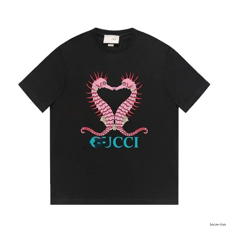 Gucci Double Seahorse Print Trendy Style Black T-Shirt