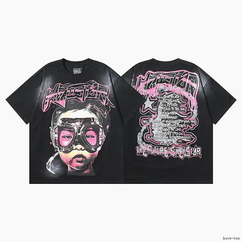 Hellstar Portrait Print Street Style Black and Pink Short Sleeve T-Shirt