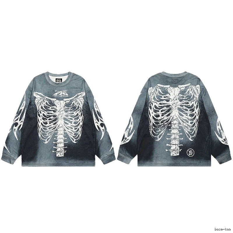 Hellstar Skull Print Street Style Vintage Grey Long Sleeve T-shirt