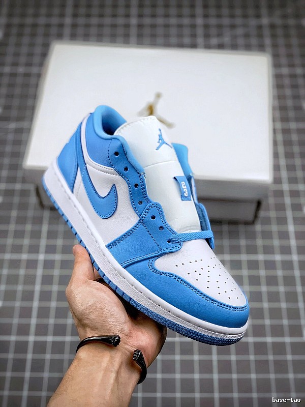 Jordan Blue and White Low-Top Sneakers Featuring Rounded Toe