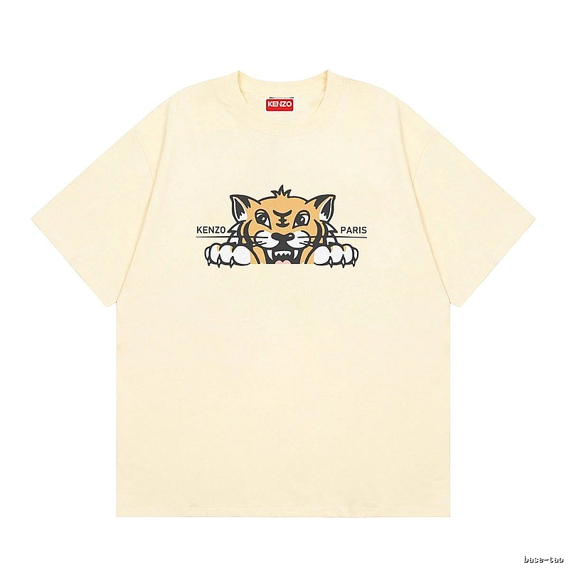 KENZO Tiger Head Print Streetwear Style Beige Short Sleeve T-Shirt