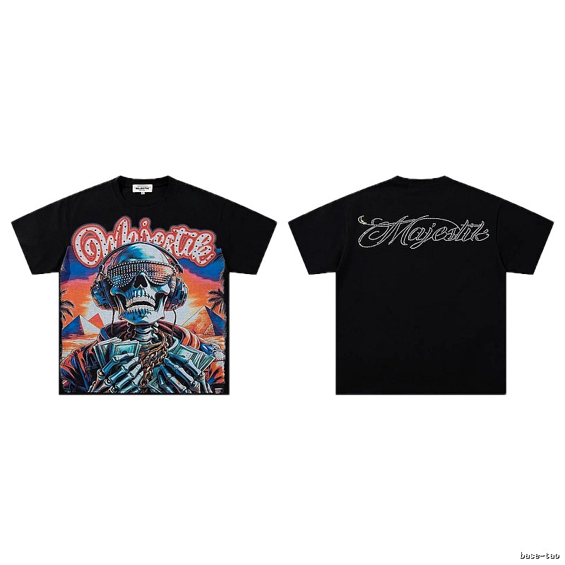 MAJESTIK Skull Print Hip-hop Style Black T-shirt