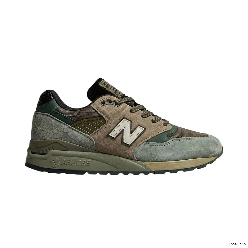 New Balance retro-style gray-green-brown running shoes