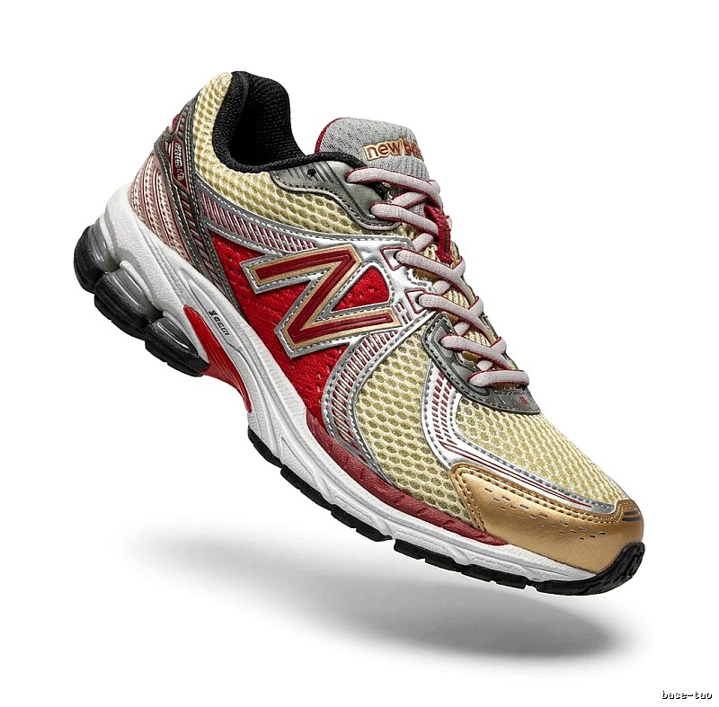 New Balance retro-style red and yellow sports shoes