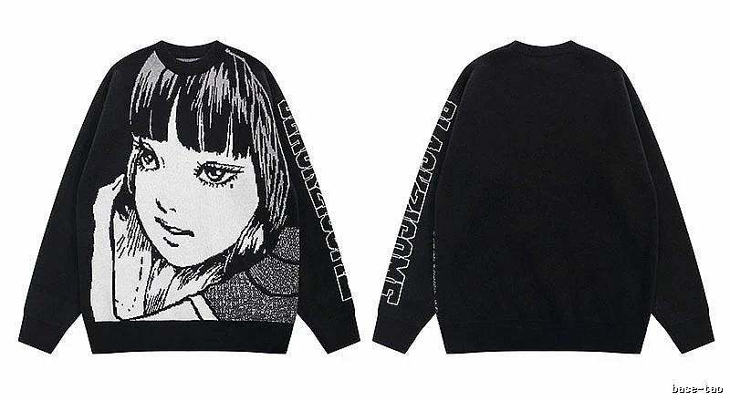 Relaxed Anime graphic sweater Black Knit Top with Versatile Design