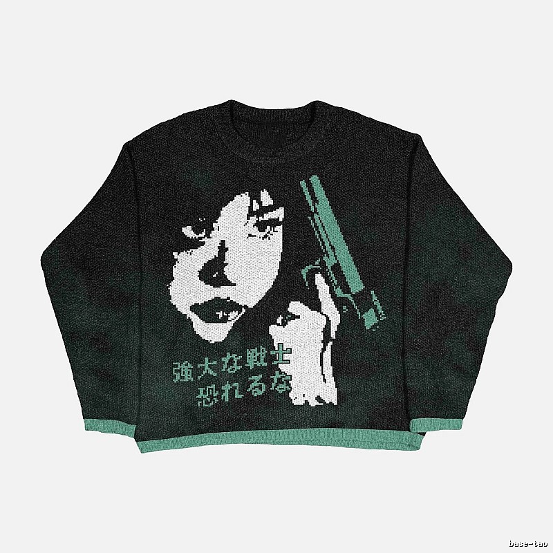 Resort Anime graphic sweater Black Knit Top for Travel Looks