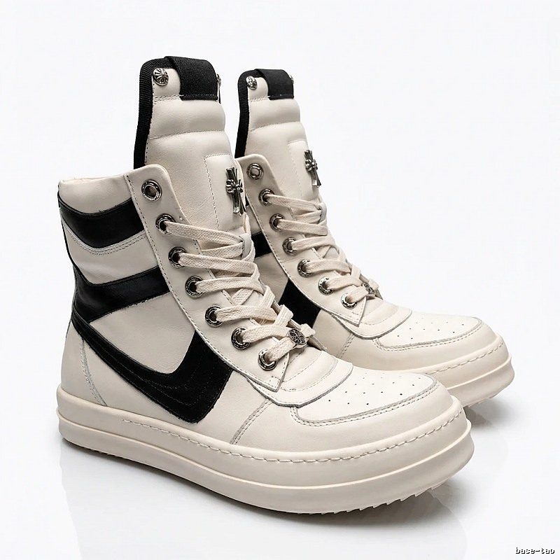 Rick Owens black and white spliced high-top shoes