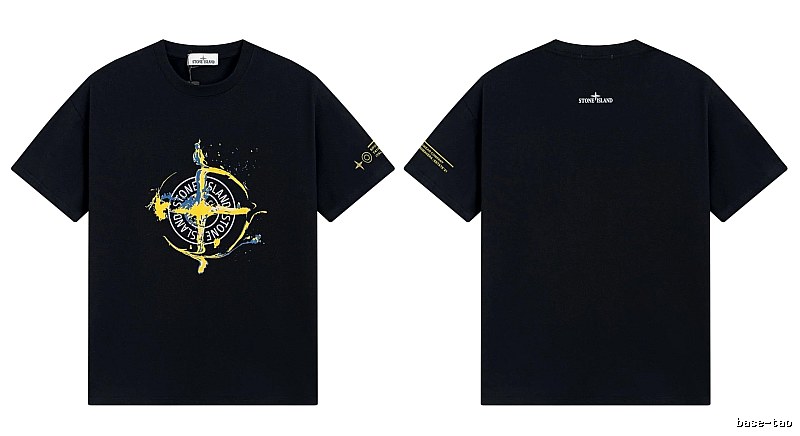 Stone Island Ink-splattered Street Style Black Short-sleeve T-shirt