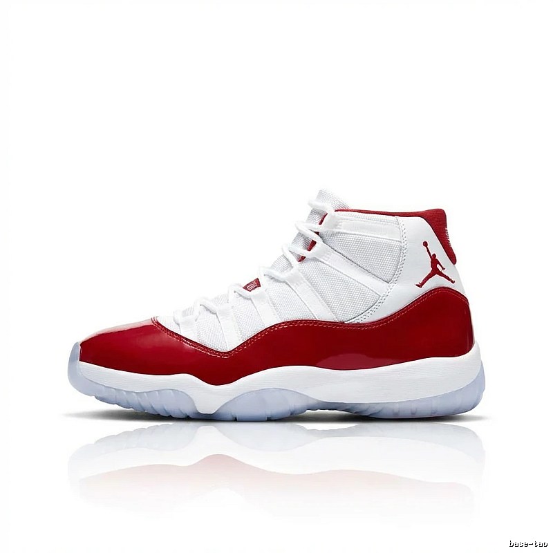 The high-top trendy shoes of Jordan 11 in red and white.