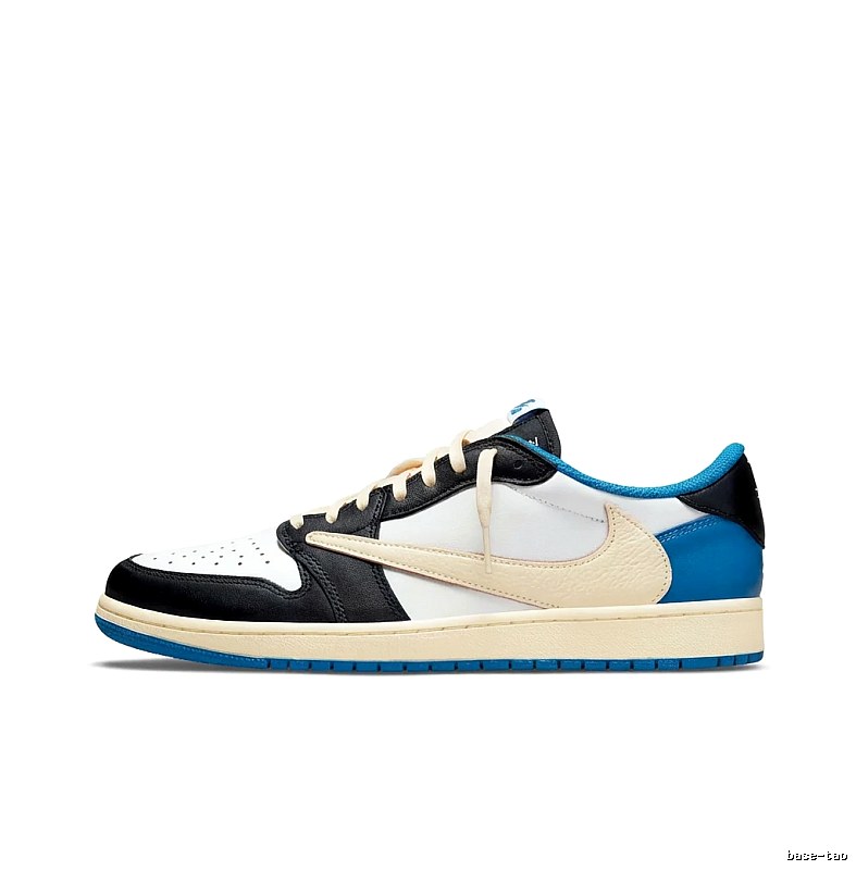 Trendy black, white and blue Air Jordan 1 sneakers.