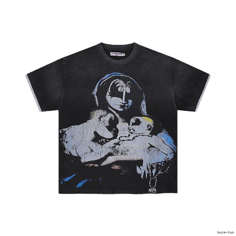 Valley Virgin Mary Print Vintage Distressed Black T-Shirt