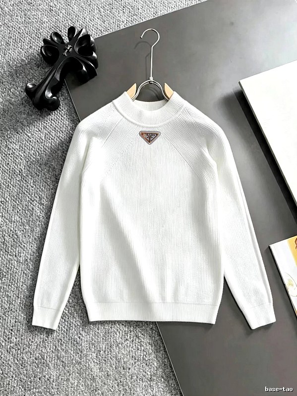 White Crewneck Knit Sweater with Prada Crewneck Sweater with Zip Detail